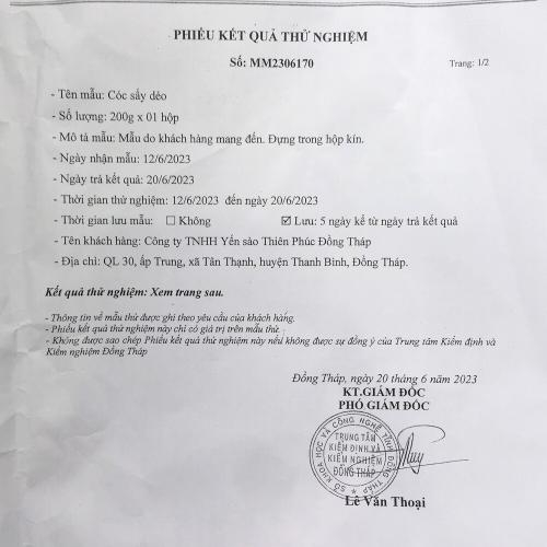 Phiếu Kiểm Nghiệm Cóc Sấy Dẻo | Thiên Gia Phúc